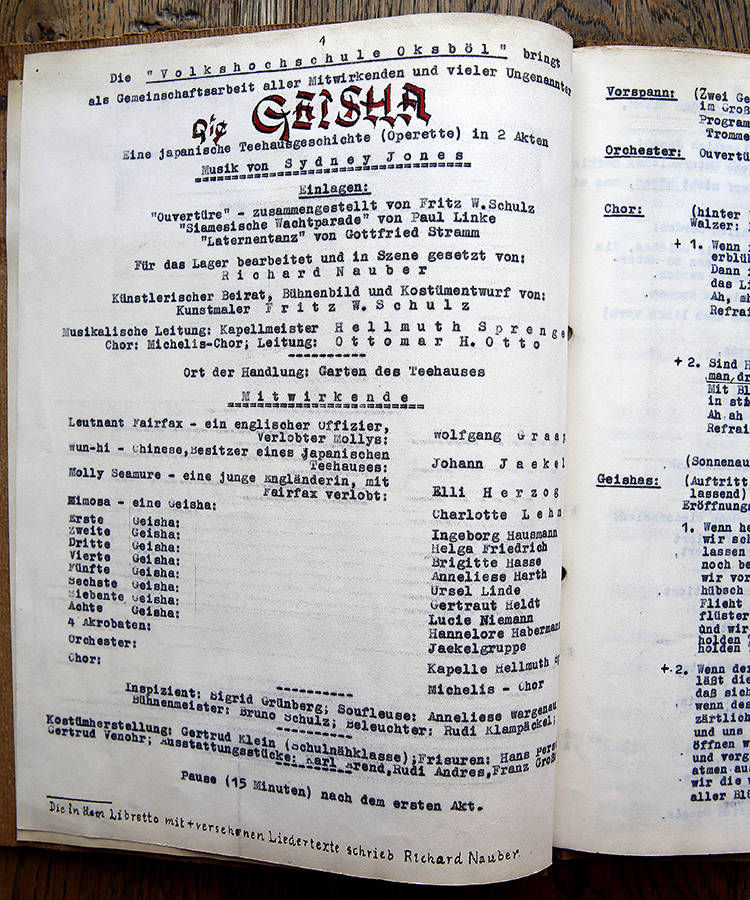 1947 Manuskript der Aufführung "Die Geisha" im Flüchtlingslager Oksboel Daenemark