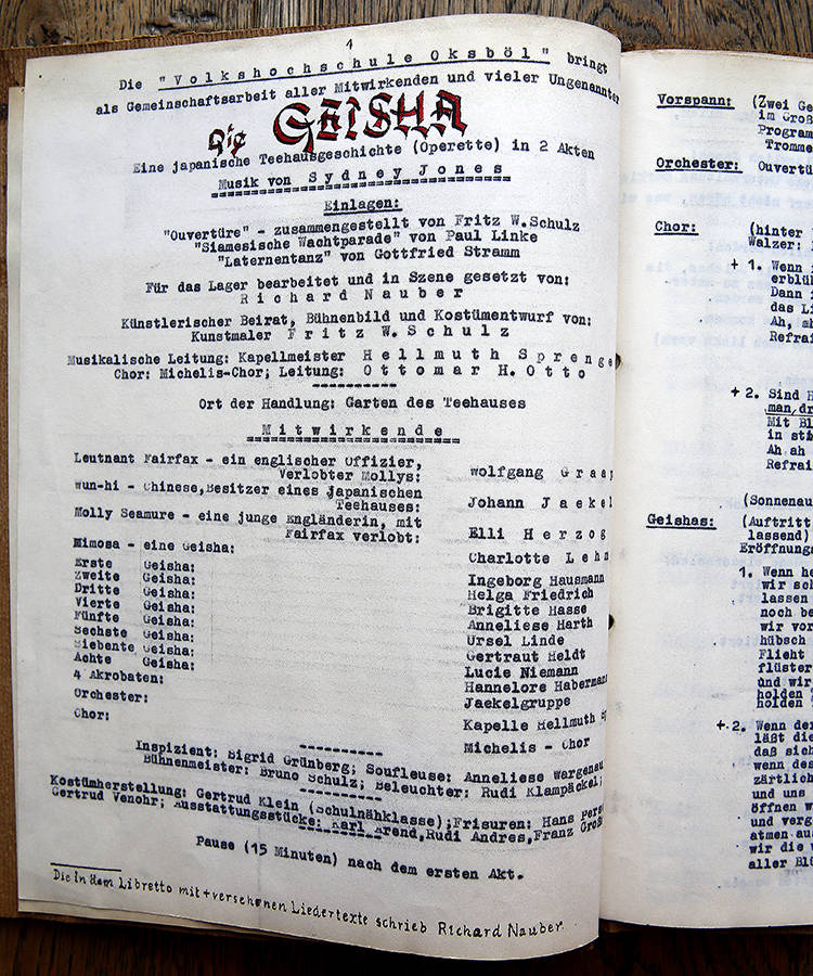 1947 Manuskript der Aufführung "Die Geisha" im Flüchtlingslager Oksboel Daenemark